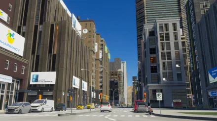 High-definition desktop wallpaper featuring a bustling urban avenue from the video game Cities: Skylines II, showcasing realistic cityscape graphics with vehicles and buildings along the street.