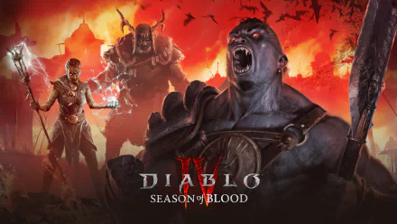 HD desktop wallpaper for Diablo IV, featuring intense artwork from the 'Season of Blood' with dramatic characters and a fiery backdrop.