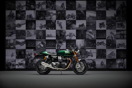 A striking Triumph Thruxton Final Edition motorcycle stands against a collage of black and white motorcycle images, creating a dynamic HD desktop wallpaper and background.