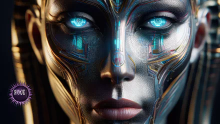 Close-up 4K Ultra HD portrait of a Sci-Fi Egyptian queen with glowing blue eyes and intricate cyber-core metallic facial details, blending science and ancient Egypt themes.