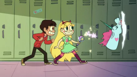 HD desktop wallpaper featuring Star Butterfly and Marco Diaz from Star vs. the Forces of Evil in a school locker hallway.