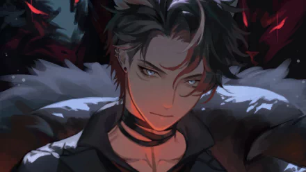 HD desktop wallpaper featuring Wriothesley from Genshin Impact with a mysterious and intense gaze, set against a dark, fiery background.