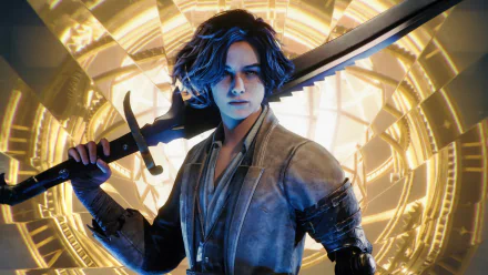 A striking HD desktop wallpaper featuring a character from the video game Lies Of P, holding a sword, set against a dynamic, glowing background.