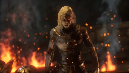 HD wallpaper of Lies Of P featuring a character with glowing red eyes standing amidst fire and embers for desktop background.