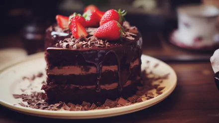 A luscious chocolate cake topped with fresh strawberries and chocolate shavings, set on a plate, making for an enticing food-themed HD desktop wallpaper.