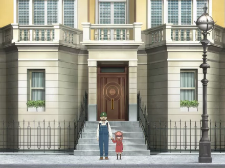 HD anime desktop wallpaper featuring Franky Franklin and Anya Forger from Spy x Family standing in front of a grand building entrance.
