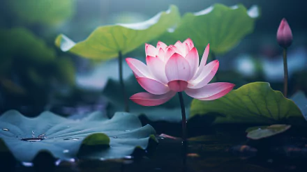 HD wallpaper of a vibrant pink lotus flower with green leaves on water surface for desktop background.