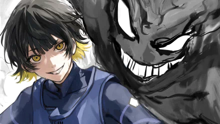 HD wallpaper featuring Bachira Meguru from Blue Lock anime with a dynamic black and white background emphasizing the character's intense gaze.