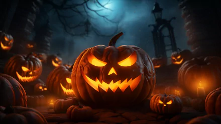 Halloween HD wallpaper featuring glowing jack-o'-lanterns with a spooky Pumpkinhead theme for desktop background.