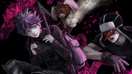 Vibrant HD wallpaper featuring Ebisu and Fujita from Dorohedoro, set against a striking dark background infused with pink splashes, capturing the essence of this unique anime.