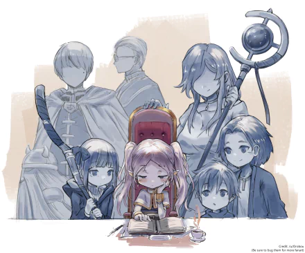 HD desktop wallpaper featuring characters from 'Frieren: Beyond Journey's End' in a monochrome illustration.