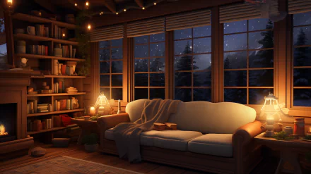 A cozy, man-made room featuring a comfortable sofa, warm lighting, and a bookshelf, with a serene nighttime view of trees outside. An inviting HD desktop wallpaper for a peaceful atmosphere.