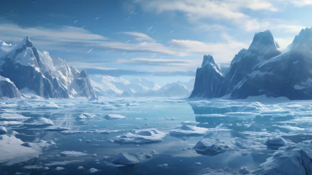 HD wallpaper of a serene Arctic glacier landscape with icebergs and snow under a blue sky.