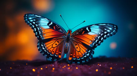 HD wallpaper of a vibrant butterfly with open wings, set against a blurred blue and orange background.
