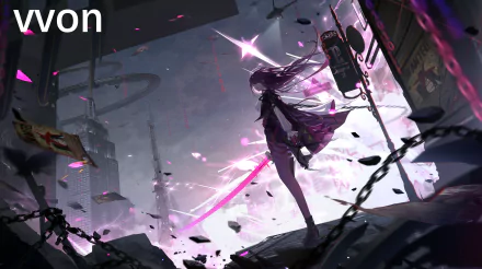 Kafka from Honkai: Star Rail stands amidst a dark, chaotic cityscape, illuminated by vibrant pink and purple energy in this 8K Ultra HD video game wallpaper.