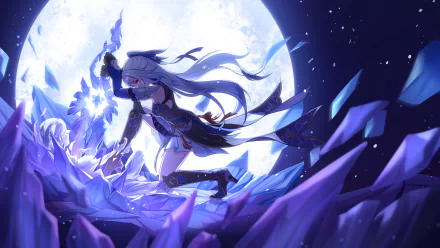 Jingliu (Honkai: Star Rail) in a moonlit scene, poised among glowing crystal shards — 4K Ultra HD PC desktop wallpaper from the video game.