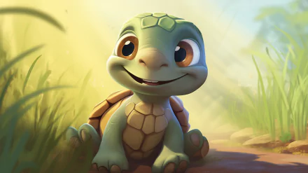 HD desktop wallpaper of a cheerful cartoon turtle smiling in a sunlit, grassy landscape.