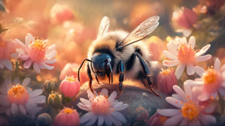 HD Desktop Wallpaper of a Bee Pollinating Blossoming Flowers with Warm Glow Background