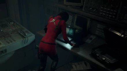 4K Ultra HD wallpaper from Resident Evil 4 (2023) Separate Ways remake, featuring a character in red interacting with a computer in a dimly lit room.