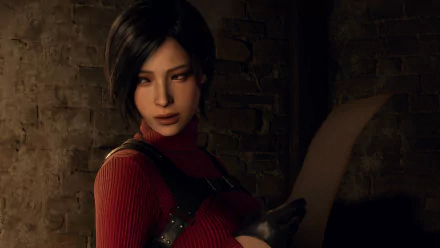 Video game character Ada Wong in a red sweater and harness reads a document in a dim brick room — Resident Evil 4: Separate Ways (2023) 4K Ultra HD PC wallpaper.