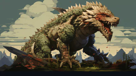 HD desktop wallpaper featuring a fierce dragon from Monster Hunter with a mountainous backdrop.