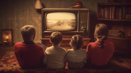 HD wallpaper of a vintage scene featuring a family watching an old television in a retro-decorated room.