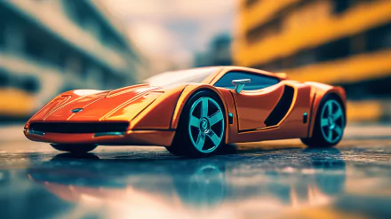 A vibrant orange toy sports car, detailed and sleek, sits against a blurred background, capturing the essence of speed and style in this HD desktop wallpaper.