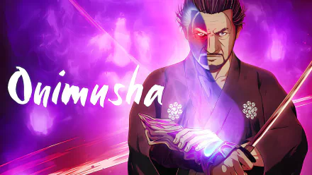 HD desktop wallpaper featuring the stylized artwork of a character from Onimusha (2023) game with a purple background and glowing effects.