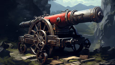 A vibrant HD wallpaper featuring a man-made cannon set against a mountainous backdrop. The intricate details and striking colors create an engaging visual.