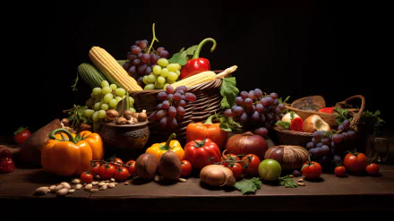 HD wallpaper featuring a still life display of harvest produce, including a vibrant assortment of fruits and vegetables like grapes, corn, peppers, and nuts on a dark background.