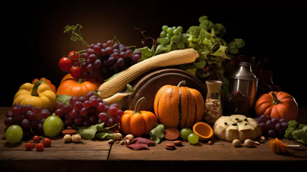 Bountiful harvest still life HD wallpaper featuring an arrangement of fall produce including pumpkins, grapes, corn, and more on a rustic wooden surface.