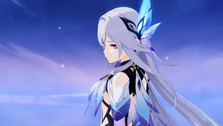 Anime-style waifu character from Genshin Impact with flowing silver hair and blue butterfly accessory, rendered in 8K Ultra HD for PC desktop wallpaper and background.