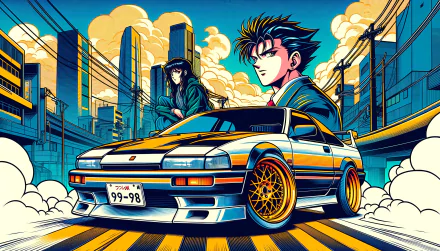 Animated HD desktop wallpaper featuring a stylish man and woman with a classic sports car in a vibrant cityscape with skyscrapers and cloudy skies.