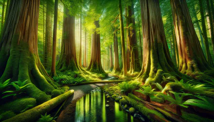 Enchanting HD forest wallpaper featuring sunbeams filtering through tall trees onto a serene stream surrounded by lush greenery.