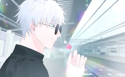 4K Ultra HD anime wallpaper of Satoru Gojo from Jujutsu Kaisen, featuring him in sunglasses holding a lollipop with a blurred modern indoor background.