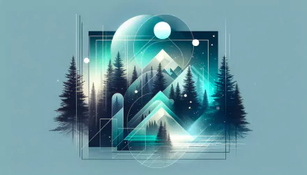 Digital art of a geometric nature landscape with mountains, trees, and moon for HD desktop wallpaper.