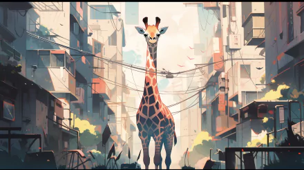 HD desktop wallpaper featuring a stylized giraffe in an urban setting with a colorful, artistic backdrop.