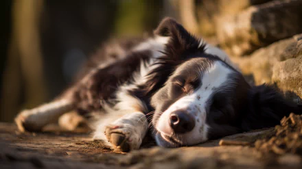 HD desktop wallpaper of a sleeping Border Collie dog in a peaceful outdoor setting.