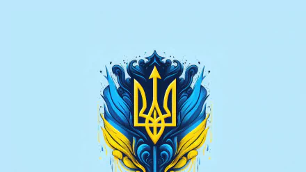 Stylized Ukrainian Tryzub in blue and yellow ornamental flames on a pale blue field — 8K Ultra HD PC desktop wallpaper background.