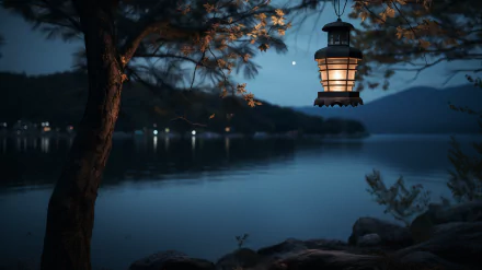 Hanging lantern illuminates a serene lakeside at twilight, HD desktop wallpaper and background