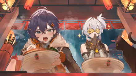 HD PC desktop wallpaper featuring Belle and Soldier 11 from the video game Zenless Zone Zero enjoying a meal in a vibrant, detailed setting.