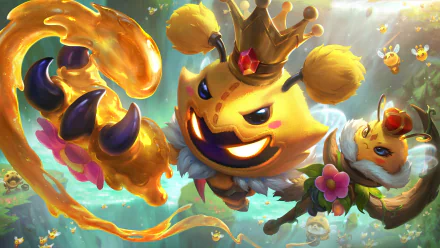 4K Ultra HD PC desktop wallpaper of the video game League of Legends' Veigar as a crowned, golden, whimsical mage with swirling magic and floral accents.