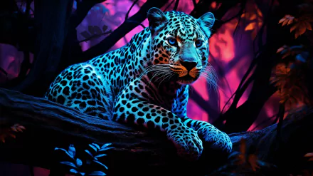 HD wallpaper featuring a leopard under blacklight, with vivid colors and a dark background.