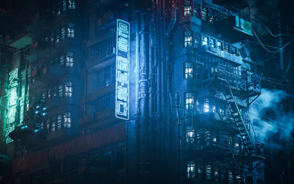 4K Ultra HD PC desktop wallpaper from the video game The Ascent — neon-lit cyberpunk building facade with fire escape, blue-green glow and drifting smoke.