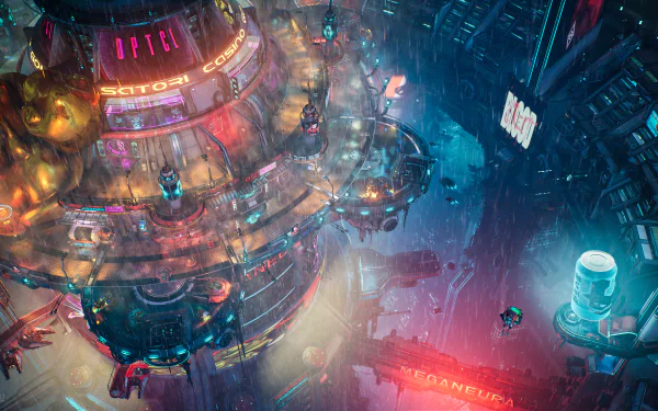 Vibrant HD desktop wallpaper background showcasing the cyberpunk aesthetic of The Ascent video game.