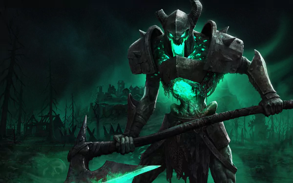 HD desktop wallpaper featuring a menacing armored warrior from Age of Darkness: Final Stand, with a glowing green aura in a dark, eerie forest background.