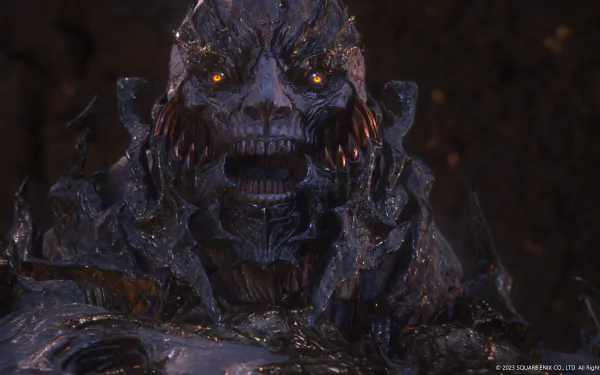 A striking HD wallpaper from Final Fantasy XVI features a menacing character with intricate details and glowing eyes, embodying the game's dark fantasy aesthetic.
