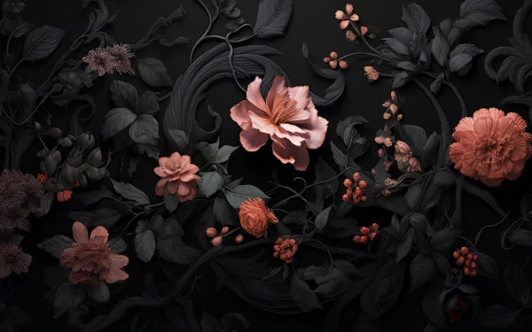 HD desktop wallpaper featuring an elegant black aesthetic with a flourish of dark-toned flowers for a sophisticated background.