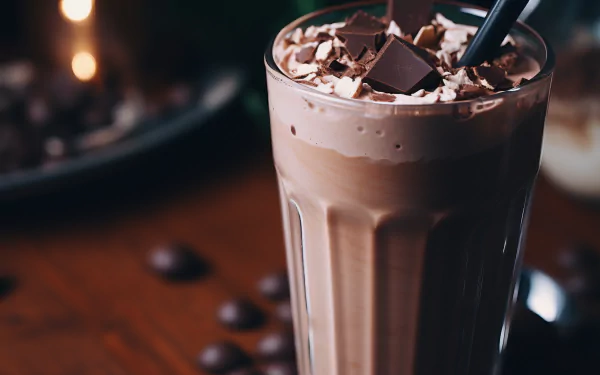 A creamy chocolate milkshake topped with chocolate shavings, served in a tall glass, captures the richness of this delightful treat, making it a stunning HD desktop wallpaper.