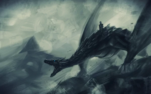 HD desktop wallpaper featuring a monochromatic depiction of a dragon in flight from the Game of Thrones series with a mysterious rider, reminiscent of the Night King, set against a stormy sky background.